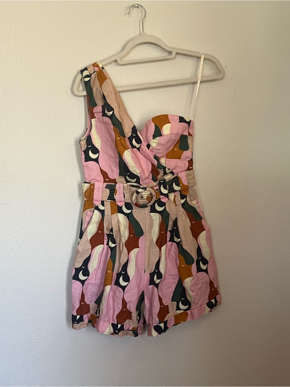 FARM RIO The Kiss Romper Womens S One Shoulder Belted Abstract Print